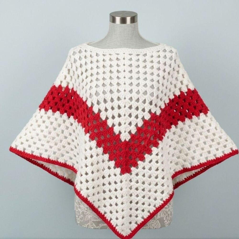 Vintage 70s Handmade Crocheted Shawl Cape Poncho Red White Striped Boho S/M